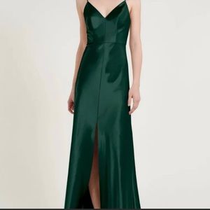 Jenny Yoo Dina Emerald V Neck Satin Crepe Dress